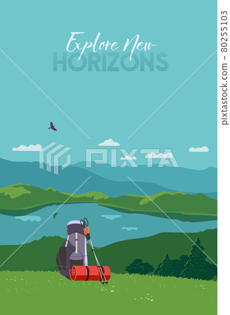 Tourist mountain hiking flat color vector poster 80255103
