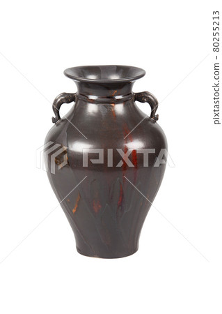 Brown ceramic jug with handles on a white background 80255213
