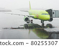 Plane prepares to take passengers to airport in difficult weather conditions 80255307