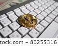 Bitcoin cryptocurrency coin on the background of the keyboard 80255316