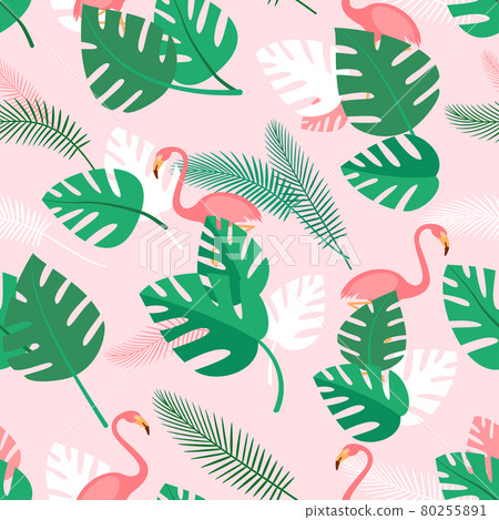 Seamless pattern with tropical plants and pink flamingos. Summer background with green palm leaves. Simple wallpaper, vector 80255891