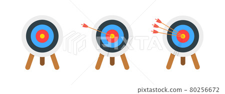 Archery target ring with and without arrows hitting bullseye. Dartboard on tripod isolated on white background. Goal achieving concept 80256672