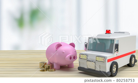 ambulance  and piggy bank on wood table for health care or medical concept 3d rendering 80258753