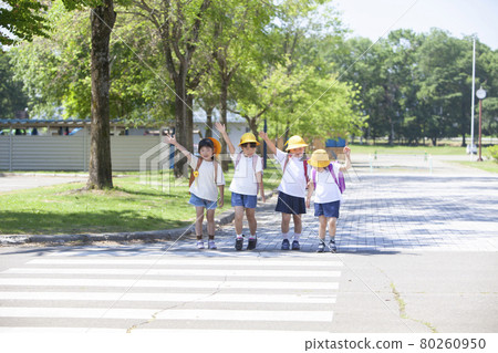 4 elementary school students crossing the pedestrian crossing 4 elementary school students crossing the pedestrian crossing 80260950