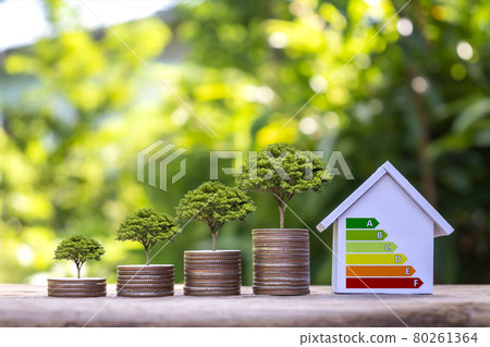 Trees grow on piles of money and energy-saving charts on home models in a residential home energy efficiency assessment concept office. 80261364