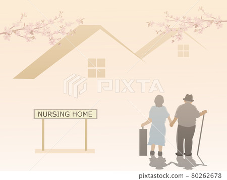 An elderly couple is entering a nursing home with a house and pink sky in the background. 80262678