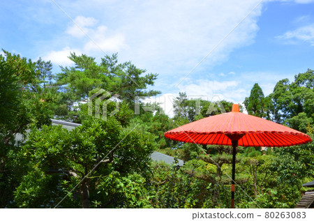 帶有紅色日本傘的日本花園的風景 80263083