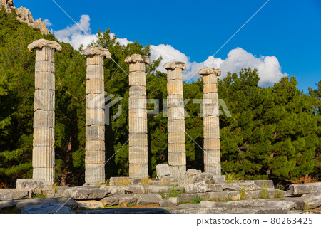 Columns on ruins of ancient Temple of Athena in Priene, Turkey 80263425