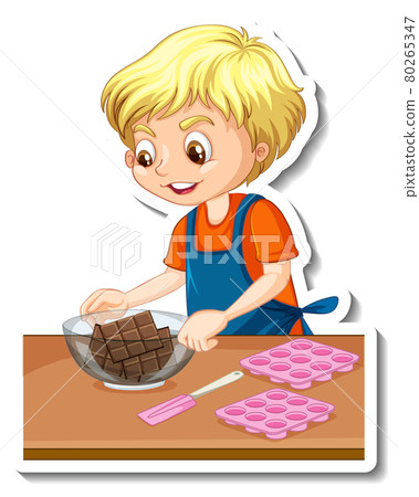 Sticker design with a baker boy holding chocolate bowl 80265347