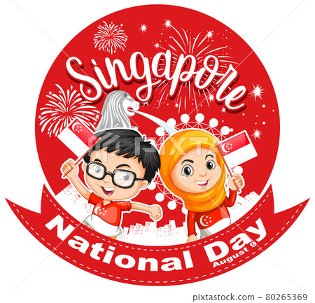 Singapore National Day with children hold Singapore flag cartoon character 80265369