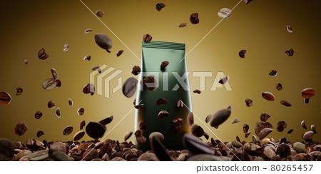 Foil pouch with flying coffee beans. Coffee bag, doy pack with splash arabica grains on gold dark background mock up banner. Green blank plastic package for ad premium. Realistic 3d illustration 80265457