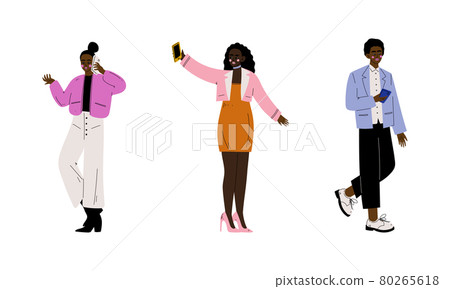 People Character Using Smartphone Speaking by Phone and Taking Selfie Vector Set 80265618