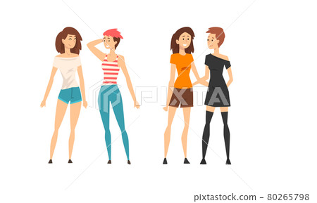 Happy Smiling Girl as Best Friends Spending Time Together Talking and Gossiping Vector Set Happy Smiling Girl as Best Friends Spending Time Together Talking and Gossiping Vector Set 80265798