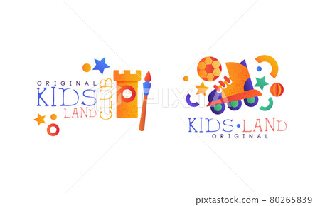 Kids Land Original Logo Set, Playground, Game Area, Party for Children Bright Badges Flat Vector Illustration 80265839