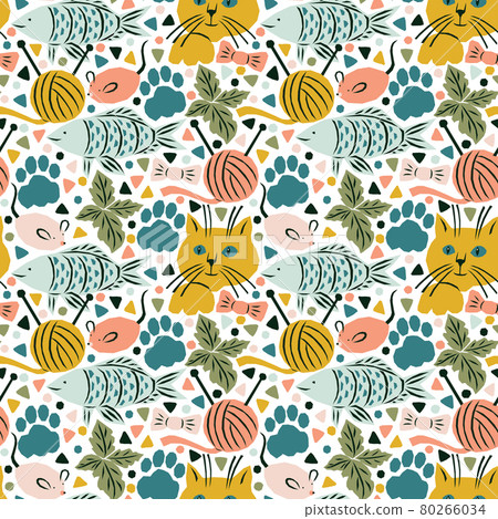 Seamless pattern with cats life objects Stylish geometric design Seamless pattern with cats life objects Stylish geometric design 80266034