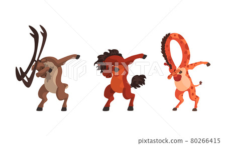 Animals Standing in Dub Dance Pose Set, Elk, Horse, Giraffe Doing Dabbing Cartoon Vector Illustration 80266415