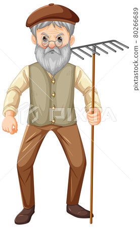 Old farmer man cartoon character holding rake garden tool Old farmer man cartoon character holding rake garden tool 80266689