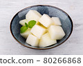 slices of fresh juicy melon, served with mint 80266868