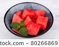 slices of fresh sweet watermelon, served with mint 80266869