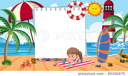 Empty banner template with kids on vacation at the beach daytime scene 80266870