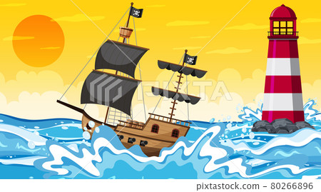 Ocean with Pirate ship at sunset time scene in cartoon style Ocean with Pirate ship at sunset time scene in cartoon style 80266896