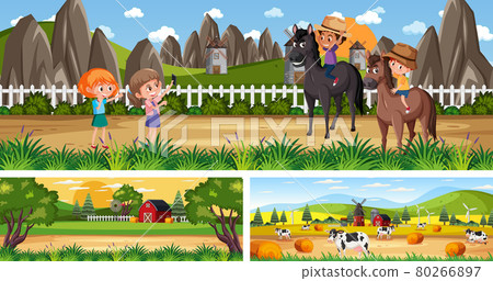 Set of outdoor panoramic landscape with cartoon character Set of outdoor panoramic landscape with cartoon character 80266897