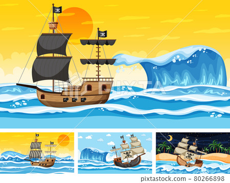 Set of different beach scenes with pirate ship Set of different beach scenes with pirate ship 80266898