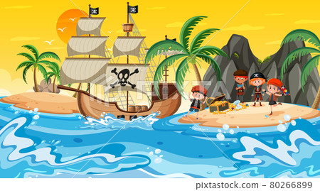 Treasure Island scene at sunset time with Pirate kids Treasure Island scene at sunset time with Pirate kids 80266899