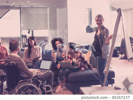 Pregnant Businesswoman Leads Creative Meeting Of Business Team In Modern Coworking open Space Office Pregnant Businesswoman Leads Creative Meeting Of Business Team In Modern Coworking open Space Office 80267237
