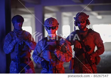 soldier squad team portrait in urban environment colored lightis soldier squad team portrait in urban environment colored lightis 80267547