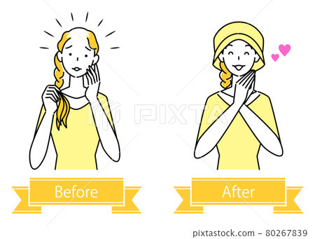 Hair care Fashionable medical care for thinning hair Before and after illustration of a cute woman wearing a hat Simple 80267839