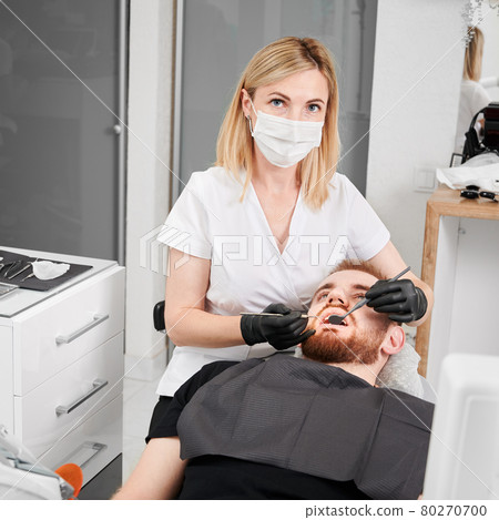 Female dentist examining man teeth in dental office. Female dentist examining man teeth in dental office. 80270700