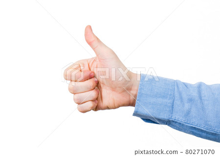 Hand In blue shirt with thumb up on a white background. Isolated. 80271070