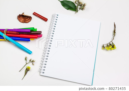 Set of felt tip markers in different colors and a blank sketchbook with a space for text 80271435