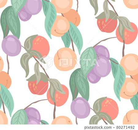 Seamless flat delicate texture with cherries, peaches, plums on branches with foliage on white background. Light cartoon pattern with berries on stems. Vector fabric 80271492