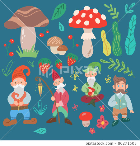 Set of various gnomes, mushrooms, leaves and flower isolated from the background. Hand drawn cartoon fairy character and nature elements. Leprechauns and forest dwellers. Set of various gnomes, mushrooms, leaves and flower isolated from the background. Hand drawn cartoon fairy character and nature elements. Leprechauns and forest dwellers. 80271503