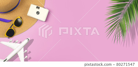Travel summer background. Sunglasses, hat, palm tropical leaves, airplane and beach accessories on a colored pink background. Tourist vacation, relaxation and summer concept. Travel summer background. Sunglasses, hat, palm tropical leaves, airplane and beach accessories on a colored pink background. Tourist vacation, relaxation and summer concept. 80271547