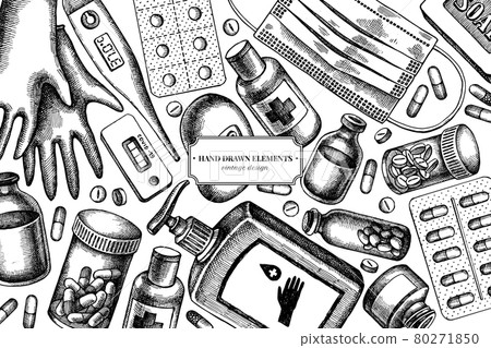 Design with black and white pills and medicines, medical face mask, sanitizer bottles, medical 80271850