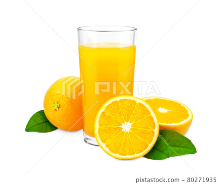 Orange juice and oranges with leaves on white background. Orange juice and oranges with leaves on white background. 80271935