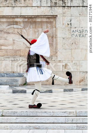 Evzones guarding the Tomb of the Unknown Soldier in Athens. Evzones guarding the Tomb of the Unknown Soldier in Athens. 80271944