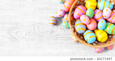 Gift card with colorful easter eggs on white wooden table. 80271947