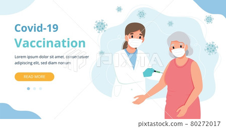 Vaccination for the elderly, senior woman and a doctor with a syringe. Banner webpage template illustration in flat cartoon style Vaccination for the elderly, senior woman and a doctor with a syringe. Banner webpage template illustration in flat cartoon style 80272017