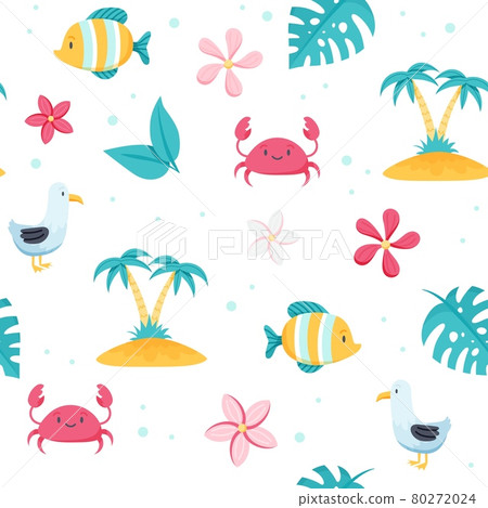 Summer sea pattern. Cute fish, seagull, crab, palm trees. Hand drawn flat cartoon elements. illustration Summer sea pattern. Cute fish, seagull, crab, palm trees. Hand drawn flat cartoon elements. illustration 80272024