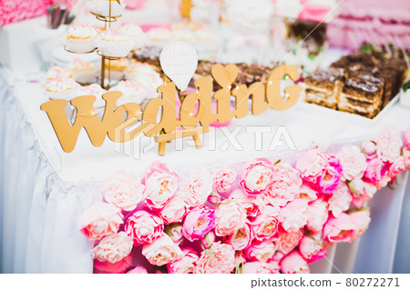 Delicious wedding reception candy bar dessert table 80272271