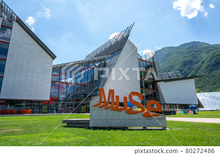 Trento, Italy, June 2021. A particular point of view for the science museum: the "muse". The orange writing in evidence, beautiful summer day. 80272486