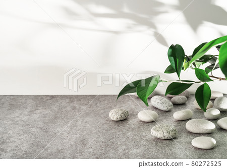 White and grey textured stone podium with sea pebbles, green leaves and plant shadow pattern. Mockup for the demonstration of cosmetic products with copy space. 80272525