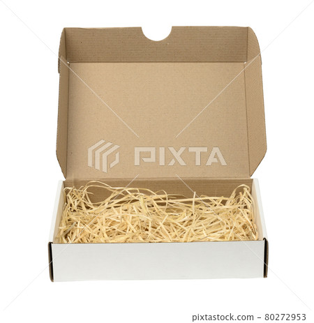 rectangular open corrugated paper box with sawdust inside. Packaging rectangular open corrugated paper box with sawdust inside. Packaging 80272953