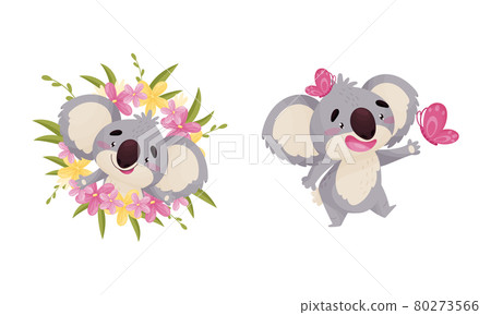Cute Gray Koala Bear in Flowers and Catching Butterfly Vector Set Cute Gray Koala Bear in Flowers and Catching Butterfly Vector Set 80273566