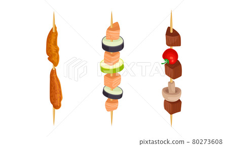 Cooked Meat and Vegetables on Skewers or Wooden Sticks Vector Set Cooked Meat and Vegetables on Skewers or Wooden Sticks Vector Set 80273608