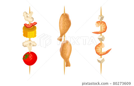 Cooked Meat and Vegetables on Skewers or Wooden Sticks Vector Set Cooked Meat and Vegetables on Skewers or Wooden Sticks Vector Set 80273609